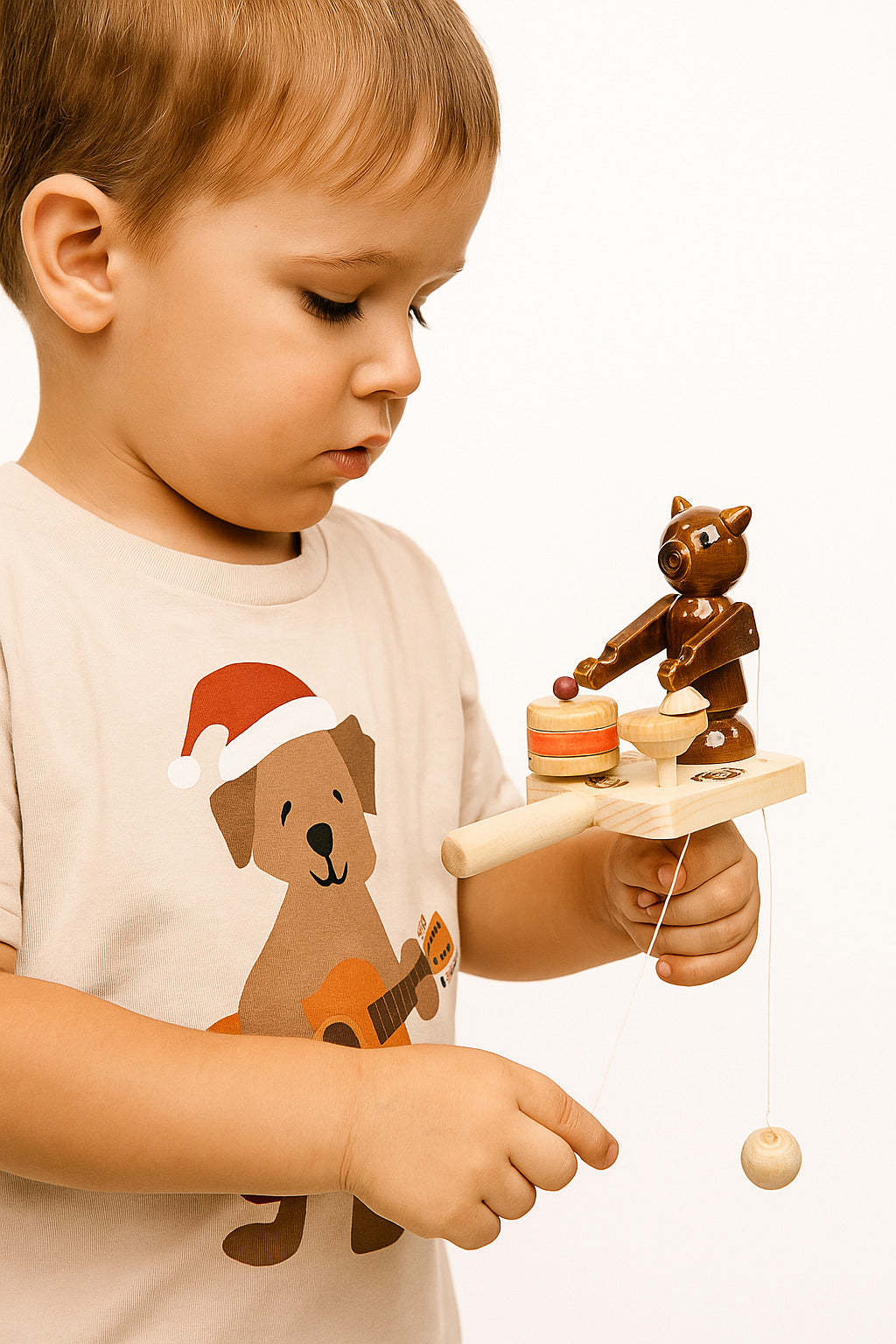 Natural Wooden Mechanical Automaton Toy "Teddy Bear Drummer"
