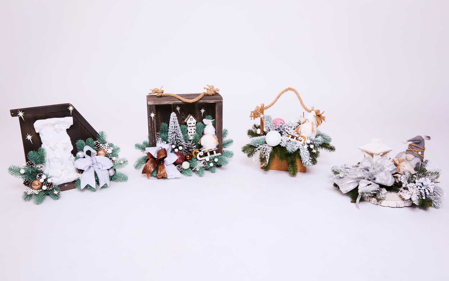 Rustic Christmas Box Decoration – Wooden Holiday Display with Tree, Snowman & Ornaments