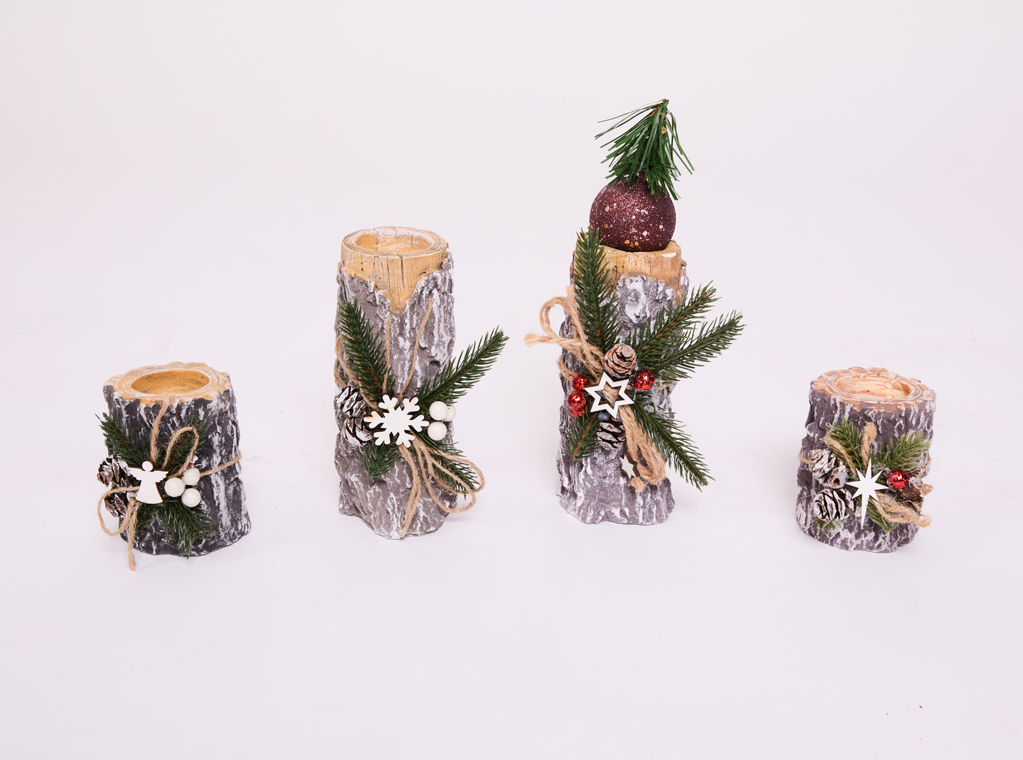 Rustic Wooden Christmas Candle Holder – Log Tealight Stand with Snowflake & Pine Accents