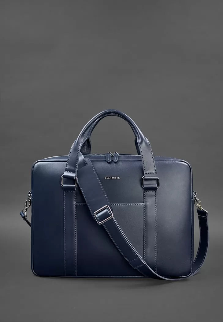 Leather bag for laptop and documents navy blue - BN-BAG-37-navy-blue