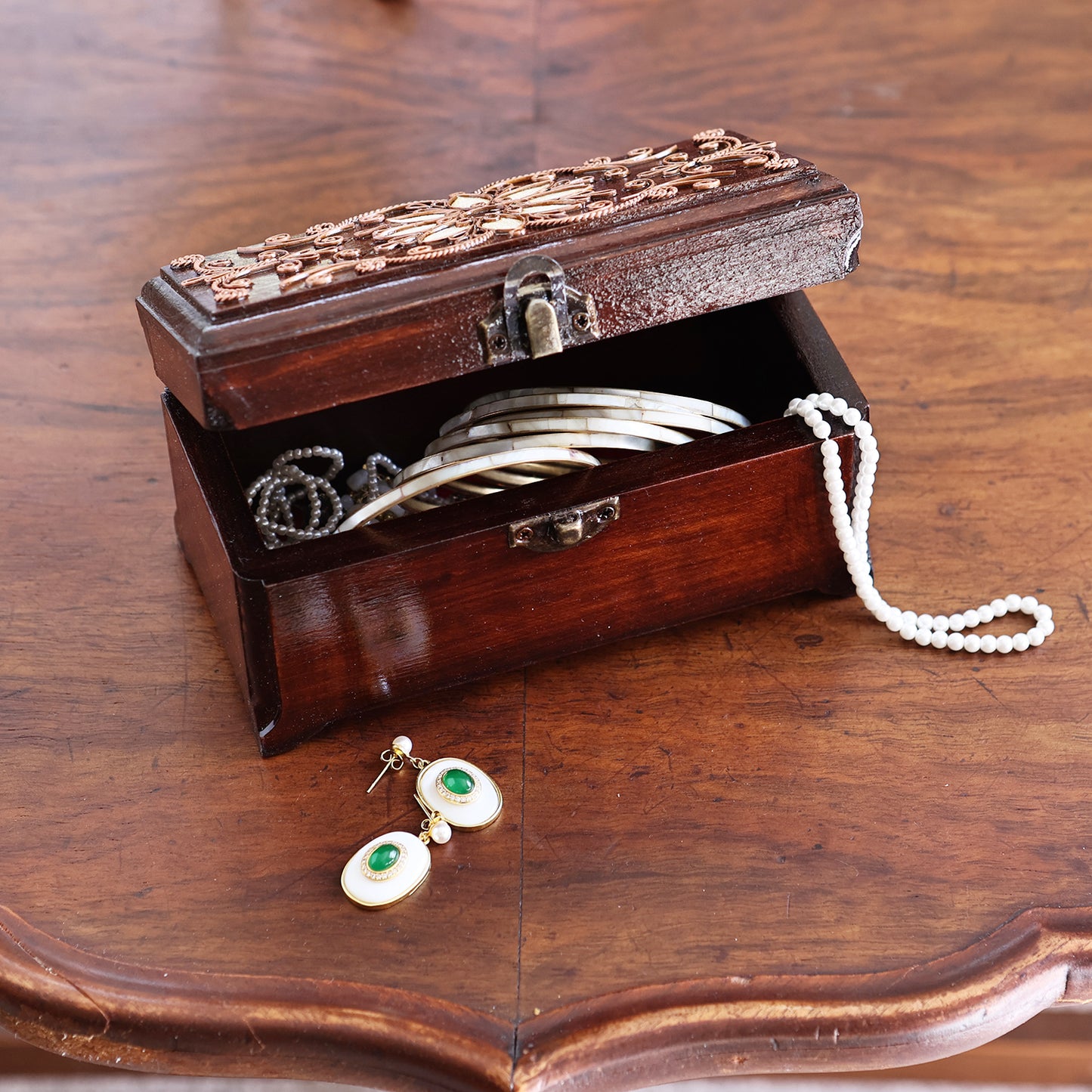 Decorative Wooden Box with Floral Carving and Inlay