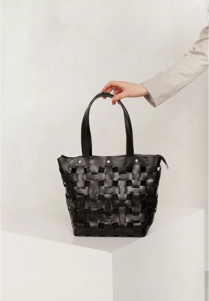 Leather woven women's bag Puzzle L charcoal black - BN-BAG-33-ygol