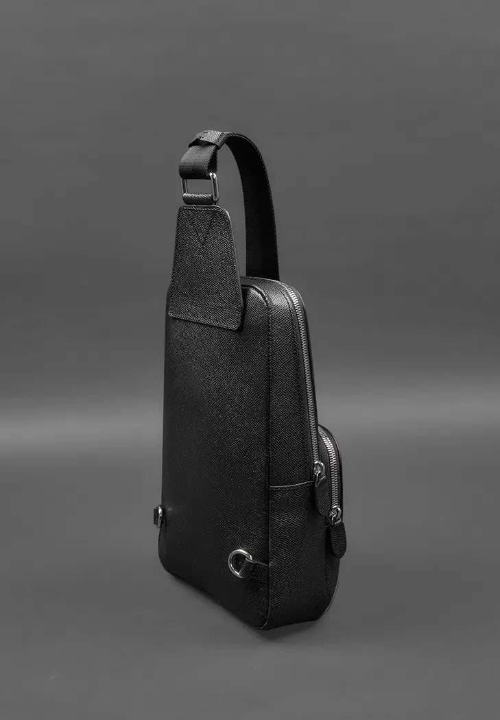Leather men's backpack (sling bag) one shoulder black Saffiano - BN-BAG-49-bw