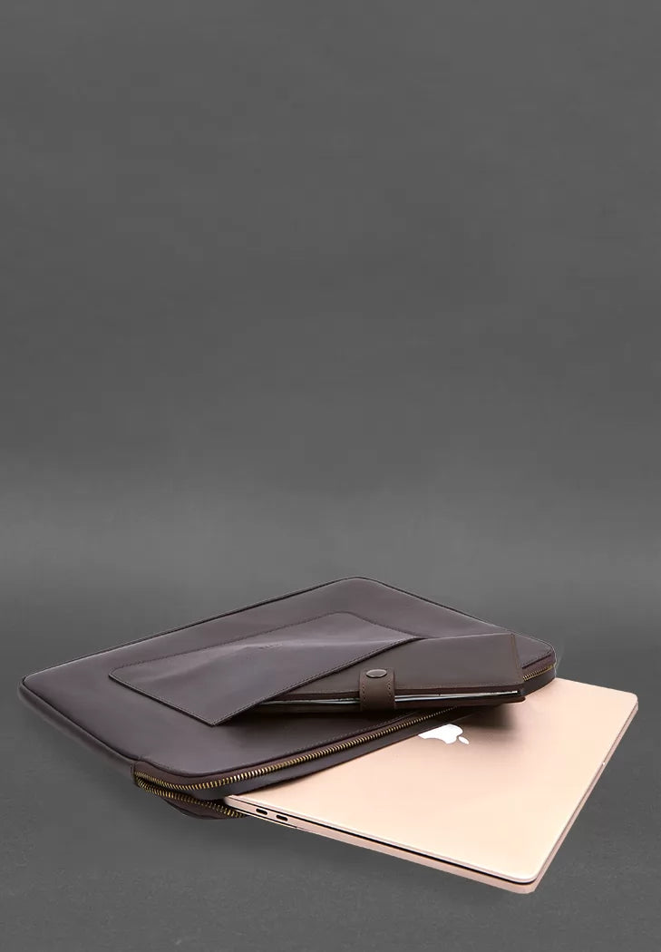 Leather laptop case with zipper with strap and pocket Dark brown - BN-GC-29-1-choko