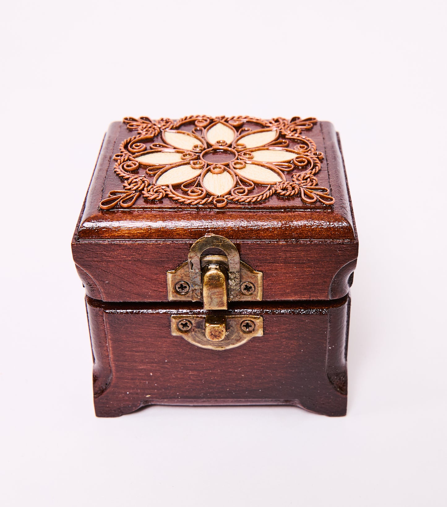 Decorative Wooden Box with Floral Carving and Inlay