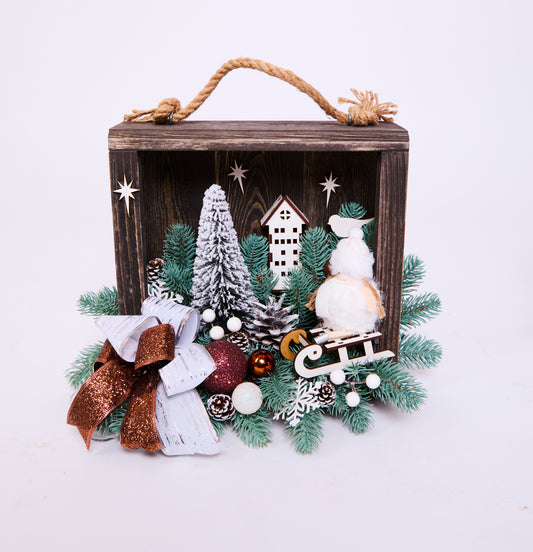 Rustic Christmas Box Decoration – Wooden Holiday Display with Tree, Snowman & Ornaments