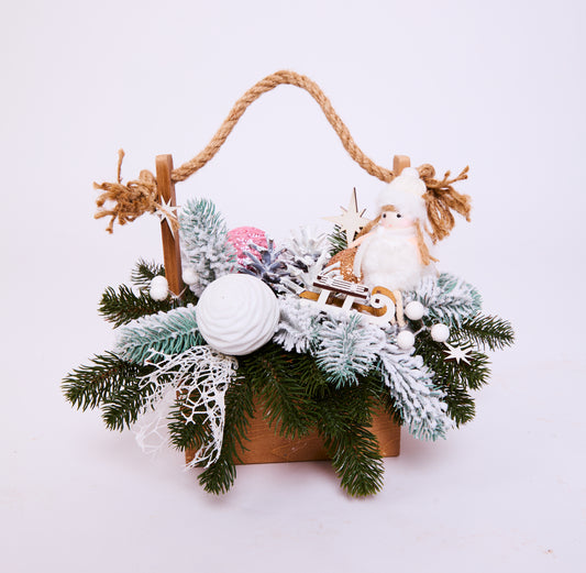 Rustic Christmas Basket Decoration – Wooden Holiday Arrangement with Snowman & Ornaments