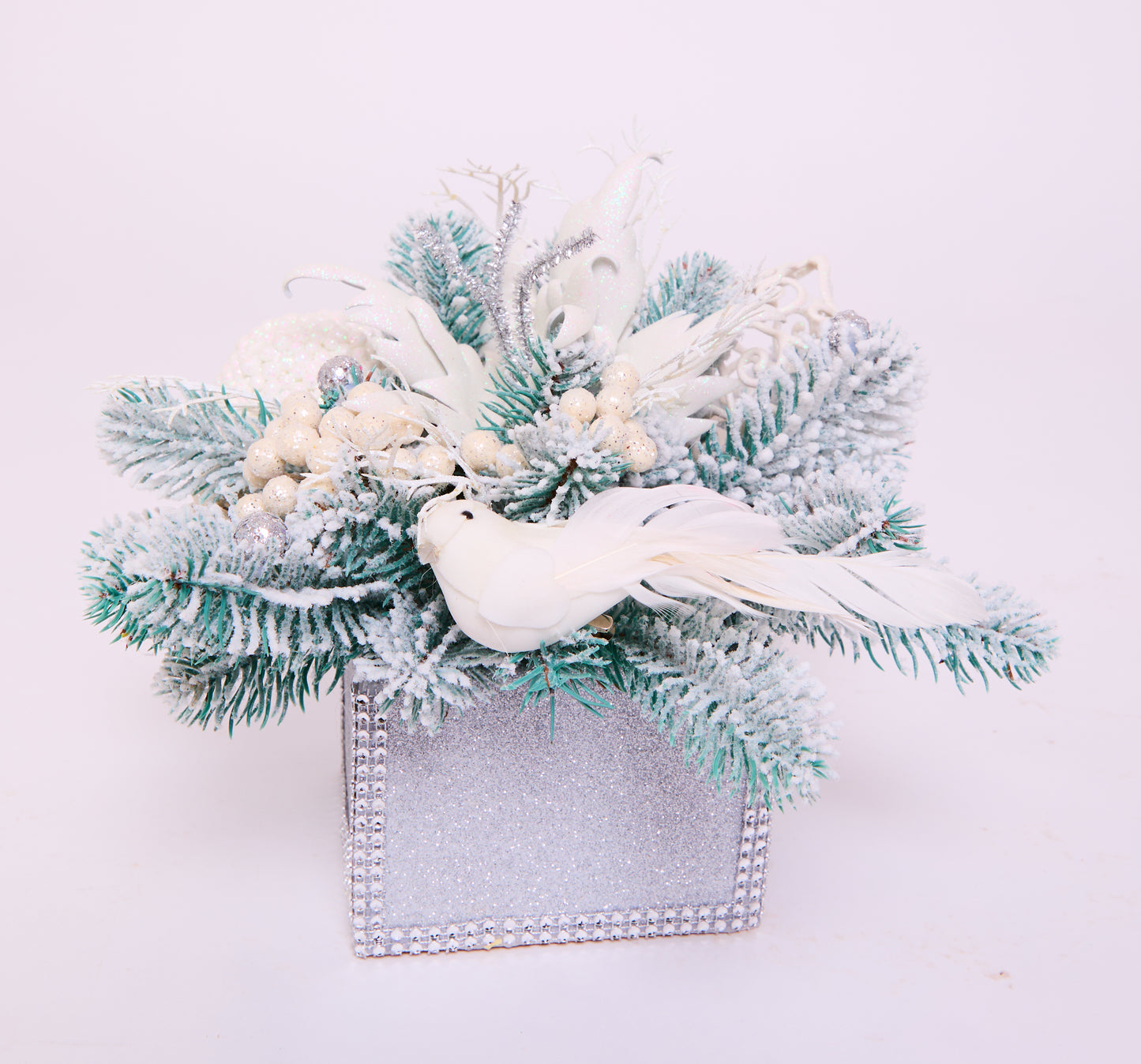 Elegant Christmas Arrangement with White Dove – Silver Box Holiday Centerpiece