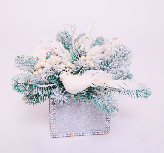 Elegant Christmas Arrangement with White Dove – Silver Box Holiday Centerpiece