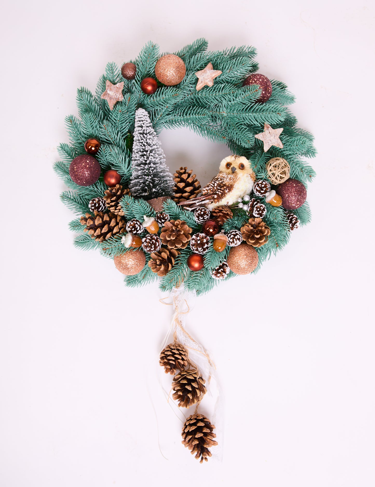 Christmas Wreath with Owl & Pinecones – Rustic Woodland Holiday Door Decoration