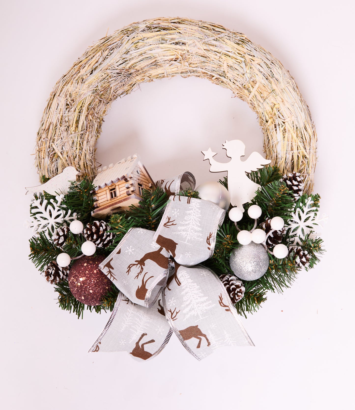 Rustic Christmas Wreath with Angel, Cabin & Reindeer Bow – Handmade Holiday Decoration