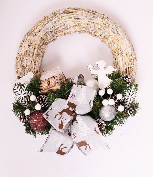 Rustic Christmas Wreath with Angel, Cabin & Reindeer Bow – Handmade Holiday Decoration