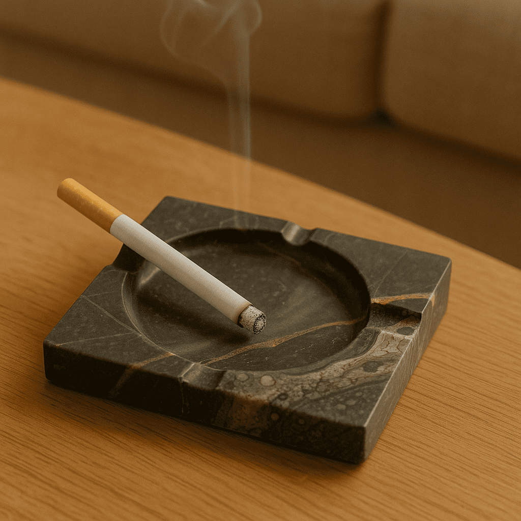 Dark gray square ashtray made of Arabescato marble