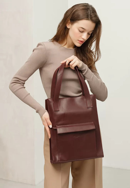 Leather women's shopper bag Betsy with a pocket burgundy Crust - BN-BAG-10-1-vin