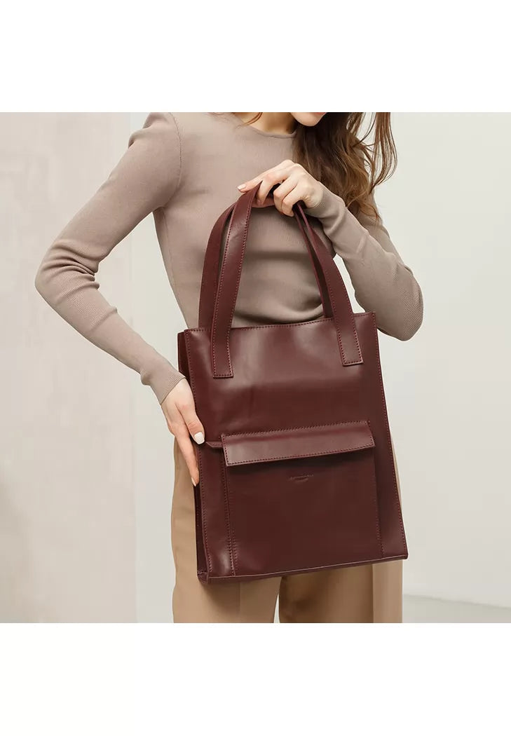 Leather women's shopper bag Betsy with a pocket burgundy Crust - BN-BAG-10-1-vin