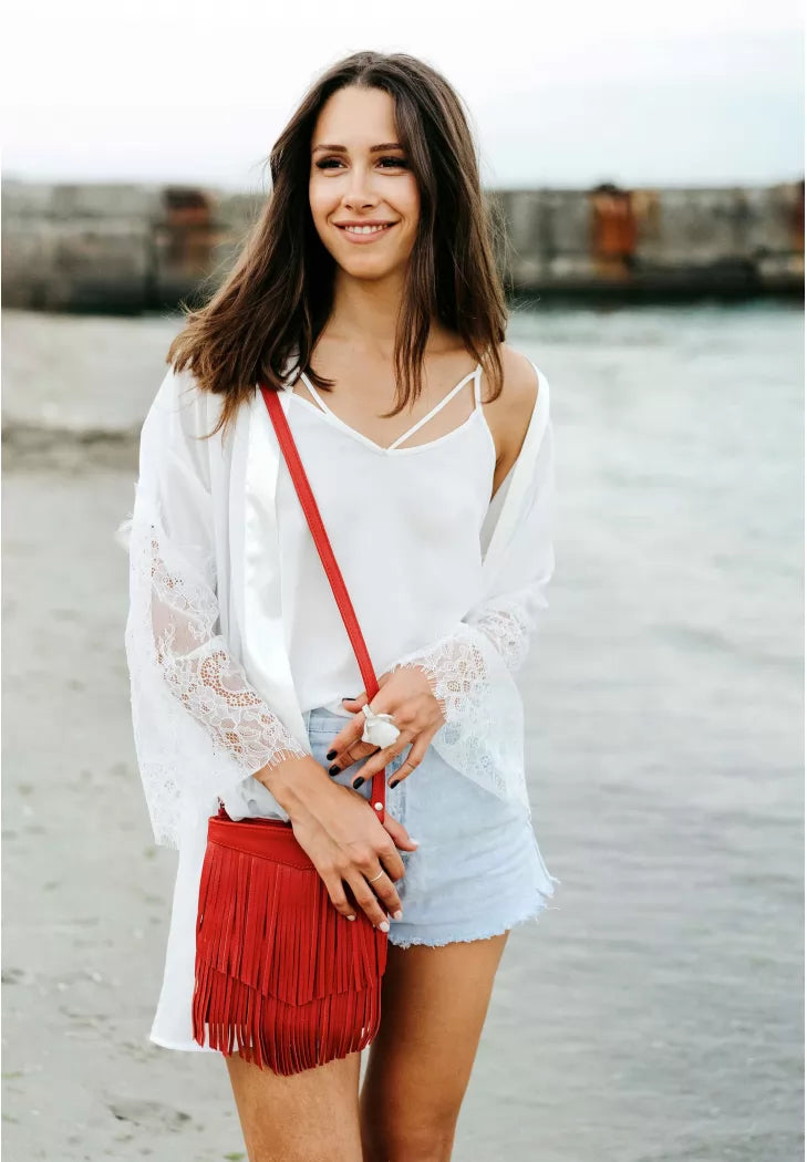 Leather women's bag with fringe mini crossbody Fleco red - BN-BAG-16-rubin