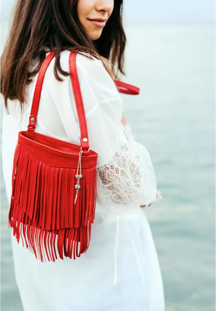 Leather women's bag with fringe mini crossbody Fleco red - BN-BAG-16-rubin
