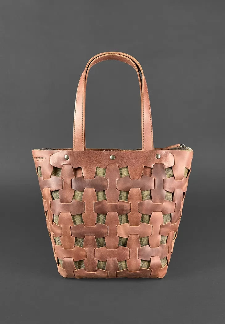 Leather woven women's bag Puzzle L light brown Crazy Horse - BN-BAG-33-k-kr