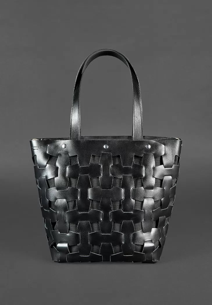 Leather woven women's bag Puzzle L charcoal black - BN-BAG-33-ygol