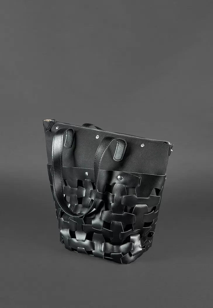 Leather woven women's bag Puzzle L charcoal black - BN-BAG-33-ygol