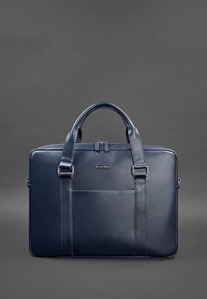 Leather bag for laptop and documents navy blue - BN-BAG-37-navy-blue