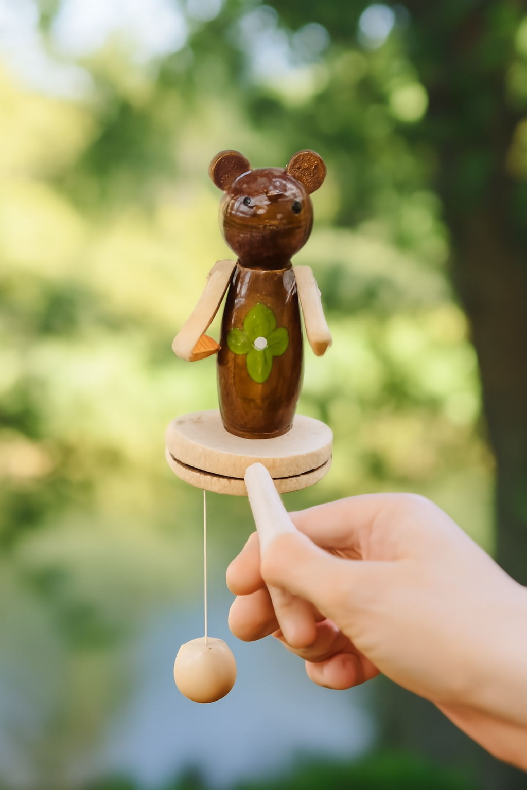 Natural Wooden Mechanical Automaton Toy "Bear with a Flower"