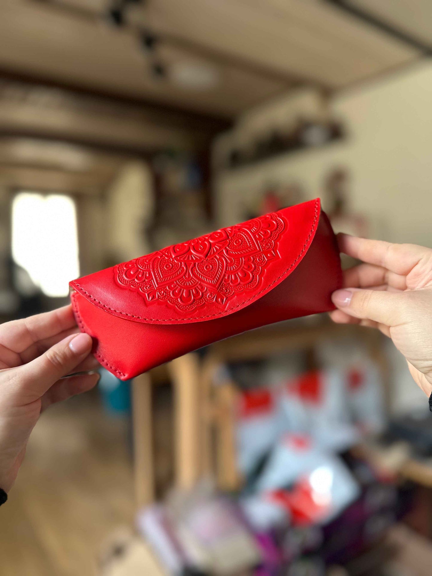 Leather case for glasses with floral embossing