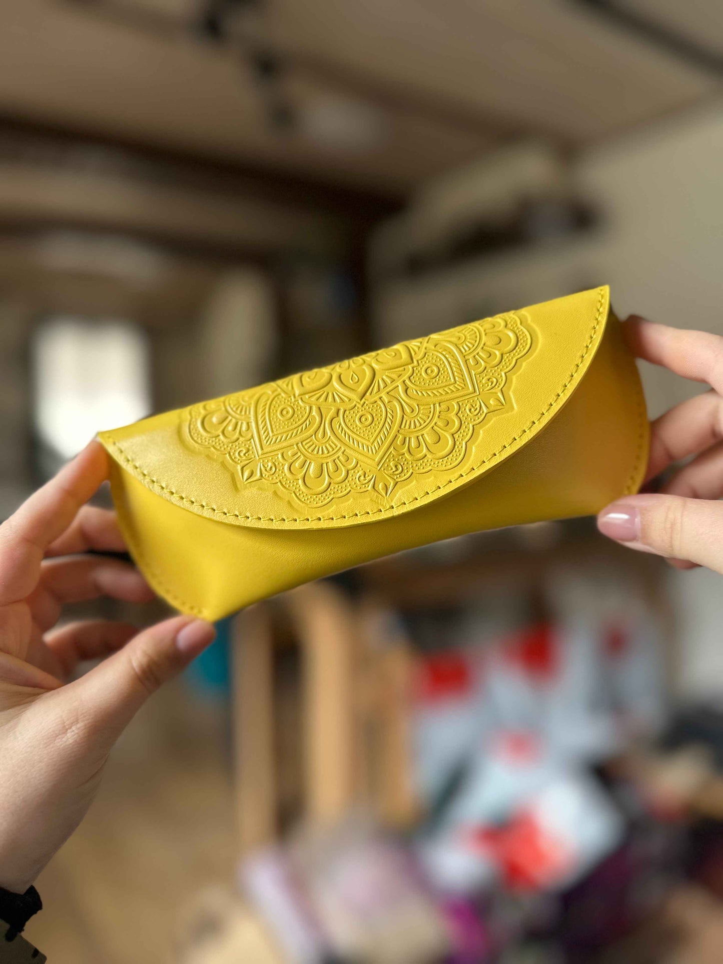 Leather case for glasses with floral embossing