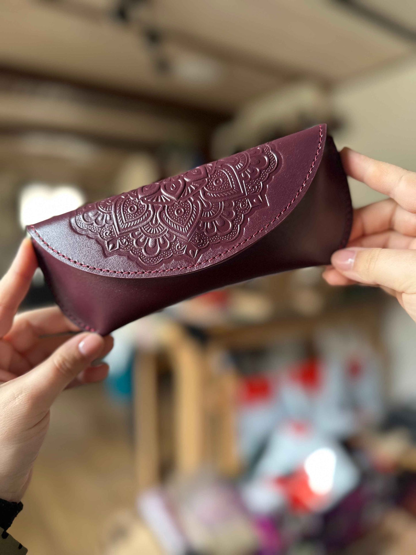 Leather case for glasses with floral embossing
