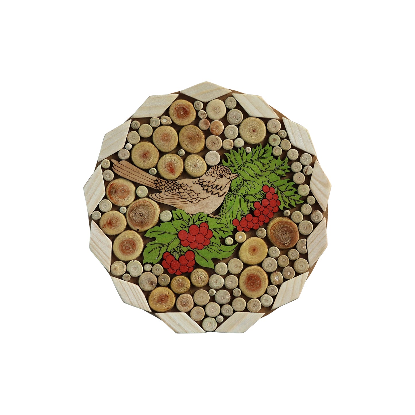 Decorative Wooden Stand with Bird and Rowan Berry Design