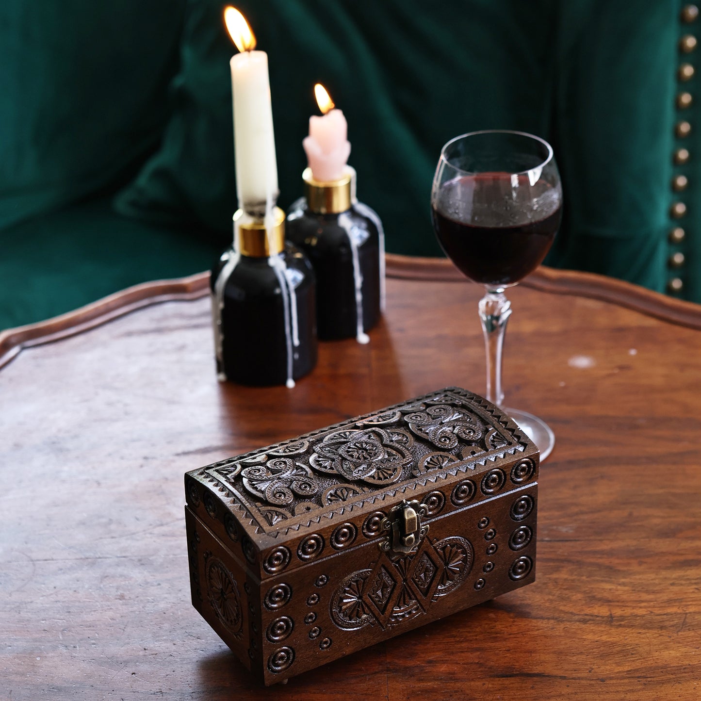 Decorative Wooden Chest-Box with Carved Pattern and Rounded Lid