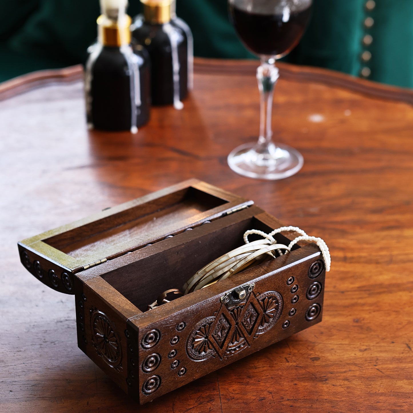 Decorative Wooden Chest-Box with Carved Pattern and Rounded Lid
