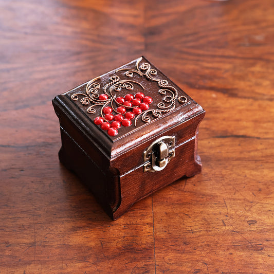 Square Wooden Box with "Rowan Berry" Decor and Metal Swirls