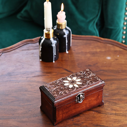 Decorative Wooden Box with Floral Carving and Inlay