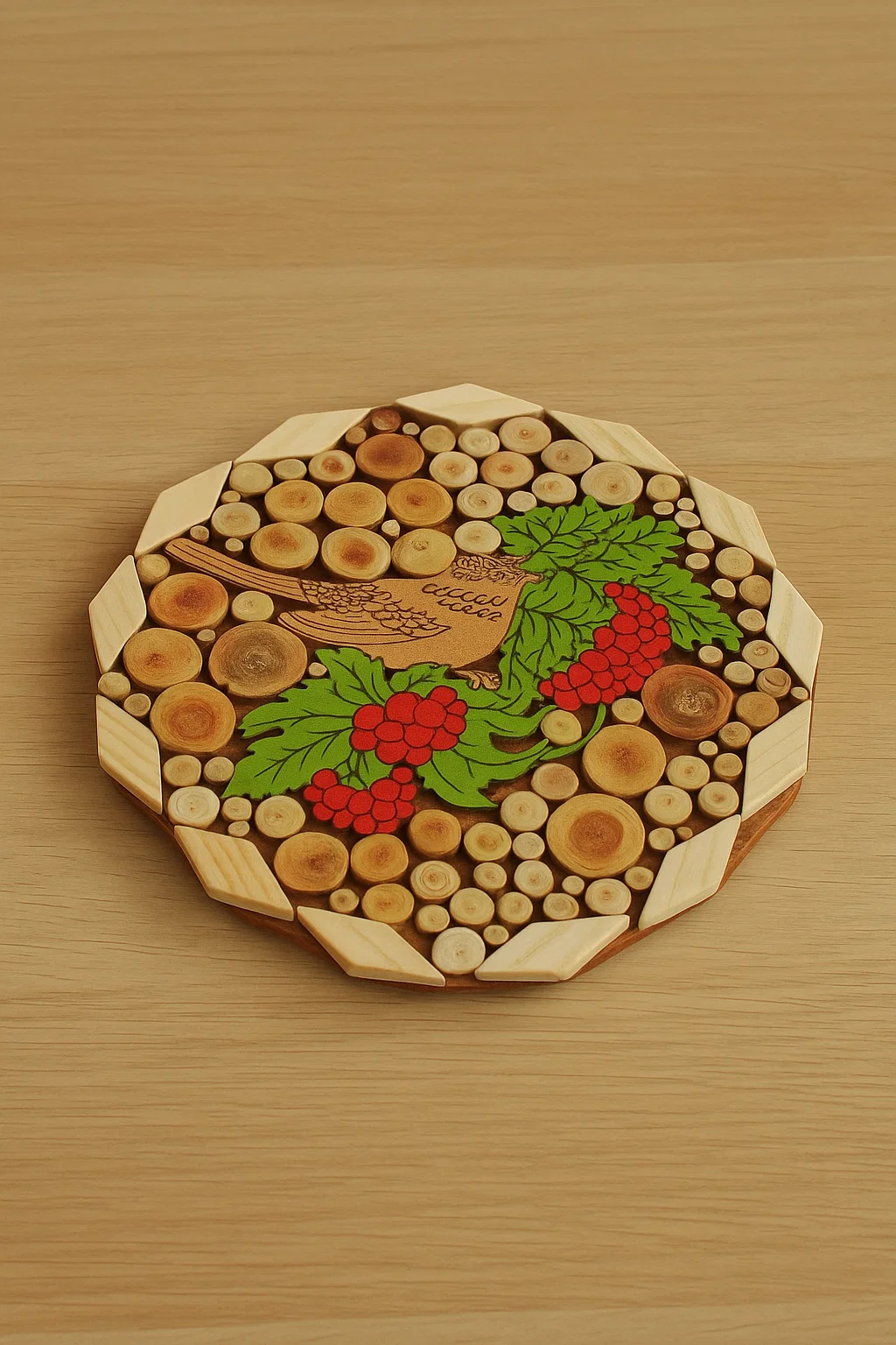 Decorative Wooden Stand with Bird and Rowan Berry Design