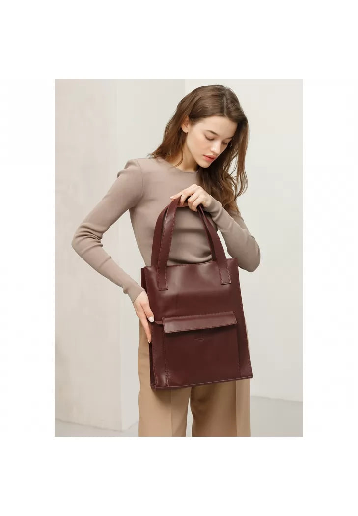 Leather women's shopper bag Betsy with a pocket burgundy Crust - BN-BAG-10-1-vin