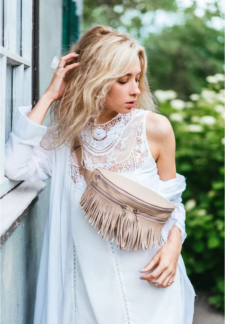 Leather women's Spirit belt bag light beige - BN-BAG-15-crem-brule