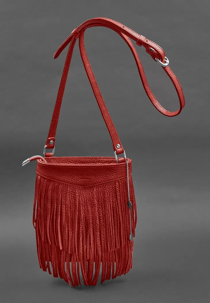 Leather women's bag with fringe mini crossbody Fleco red - BN-BAG-16-rubin