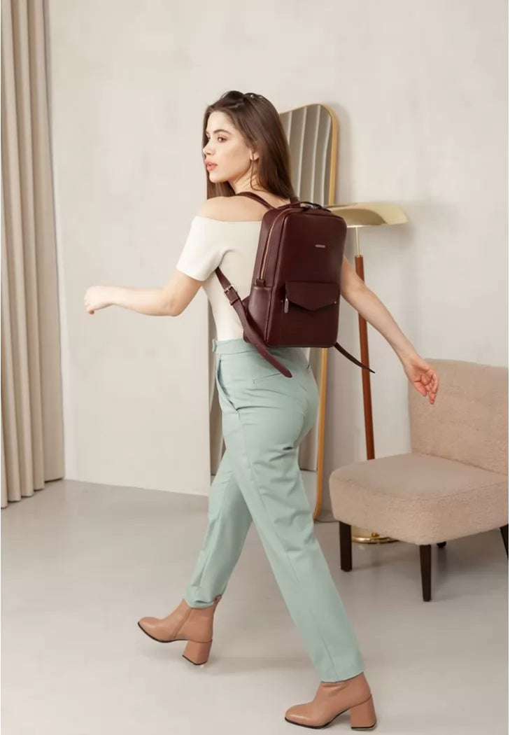 Leather city women's backpack with zip Cooper burgundy - BN-BAG-19-vin