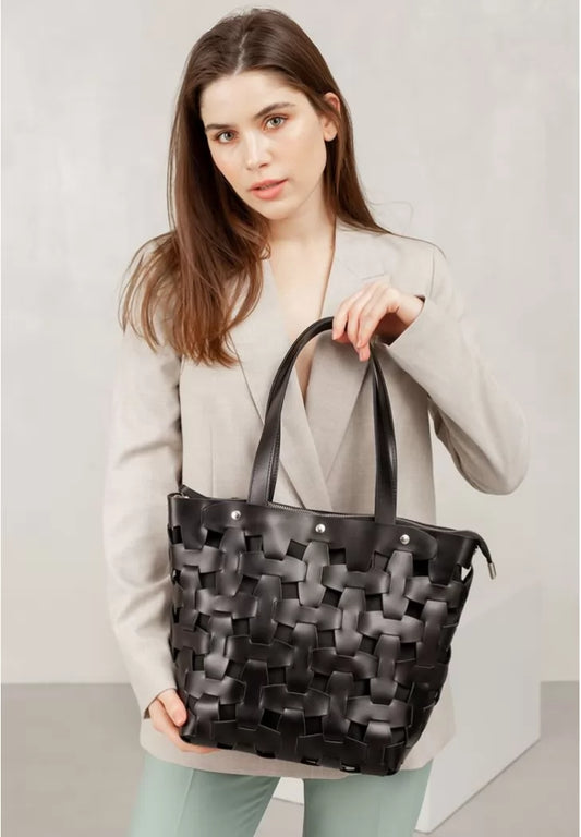 Leather woven women's bag Puzzle L charcoal black - BN-BAG-33-ygol