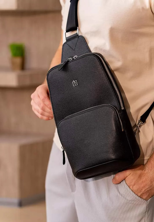 Leather men's backpack (sling bag) one shoulder black Saffiano - BN-BAG-49-bw