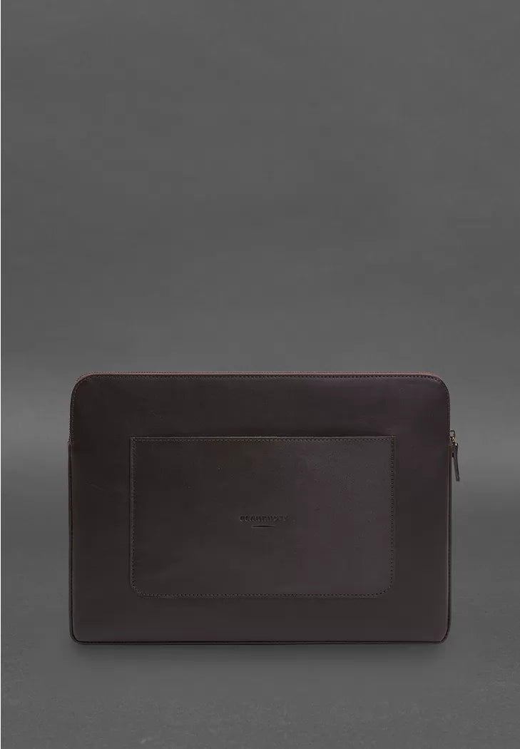 Leather laptop case with zipper with strap and pocket Dark brown - BN-GC-29-1-choko