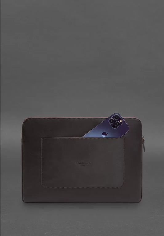 Leather laptop case with zipper with strap and pocket Dark brown - BN-GC-29-1-choko