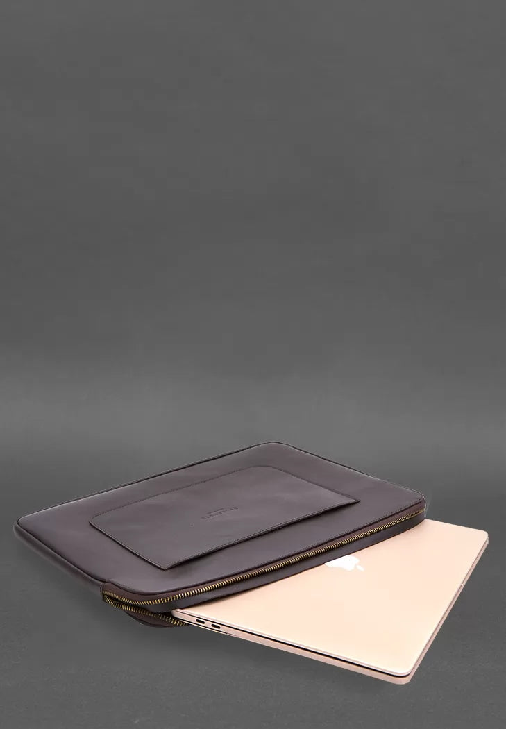 Leather laptop case with zipper with strap and pocket Dark brown - BN-GC-29-1-choko
