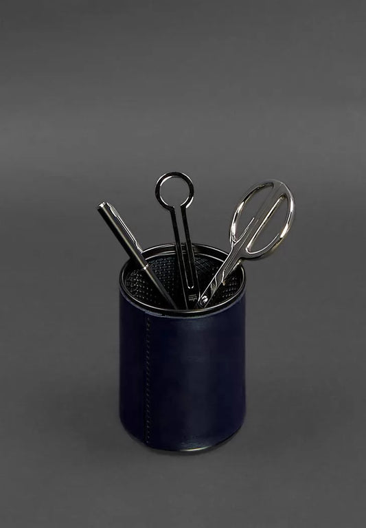Pen cup in leather case navy blue crust - BN-SP-navy-blue
