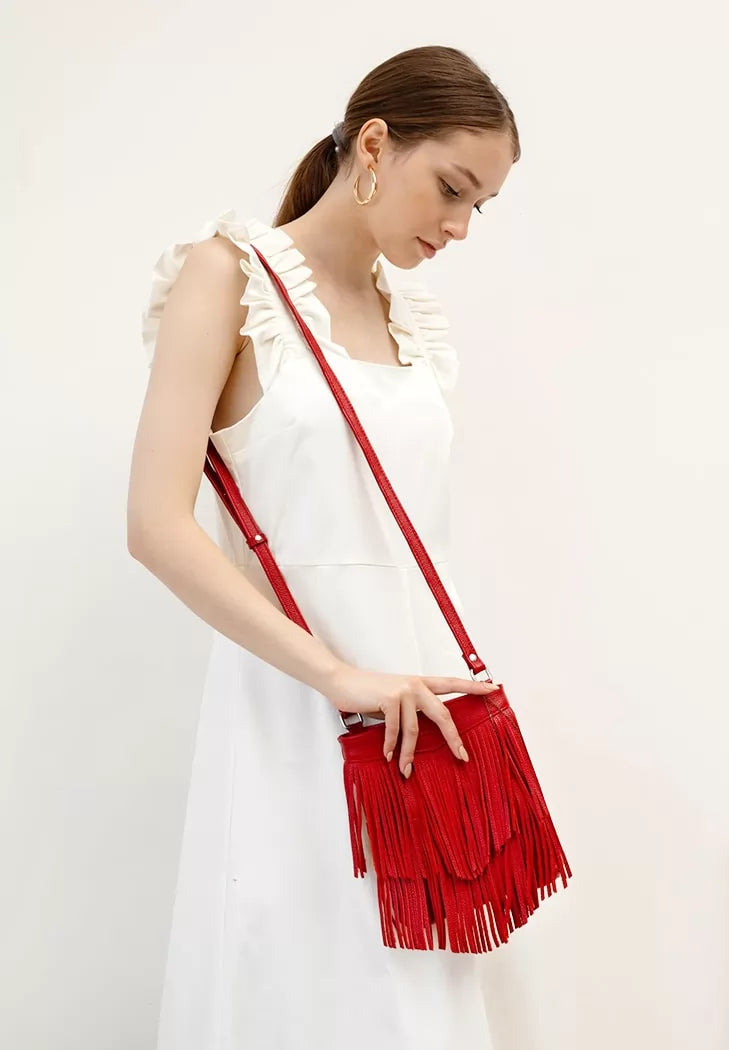 Leather women's bag with fringe mini crossbody Fleco red - BN-BAG-16-rubin