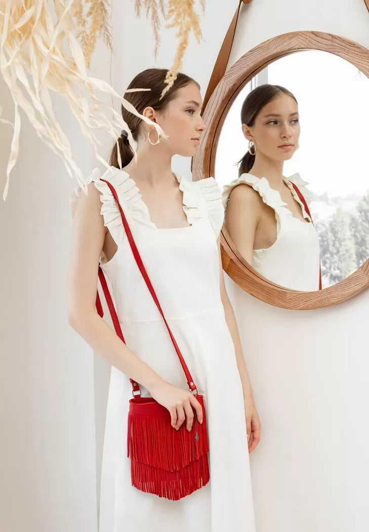 Leather women's bag with fringe mini crossbody Fleco red - BN-BAG-16-rubin